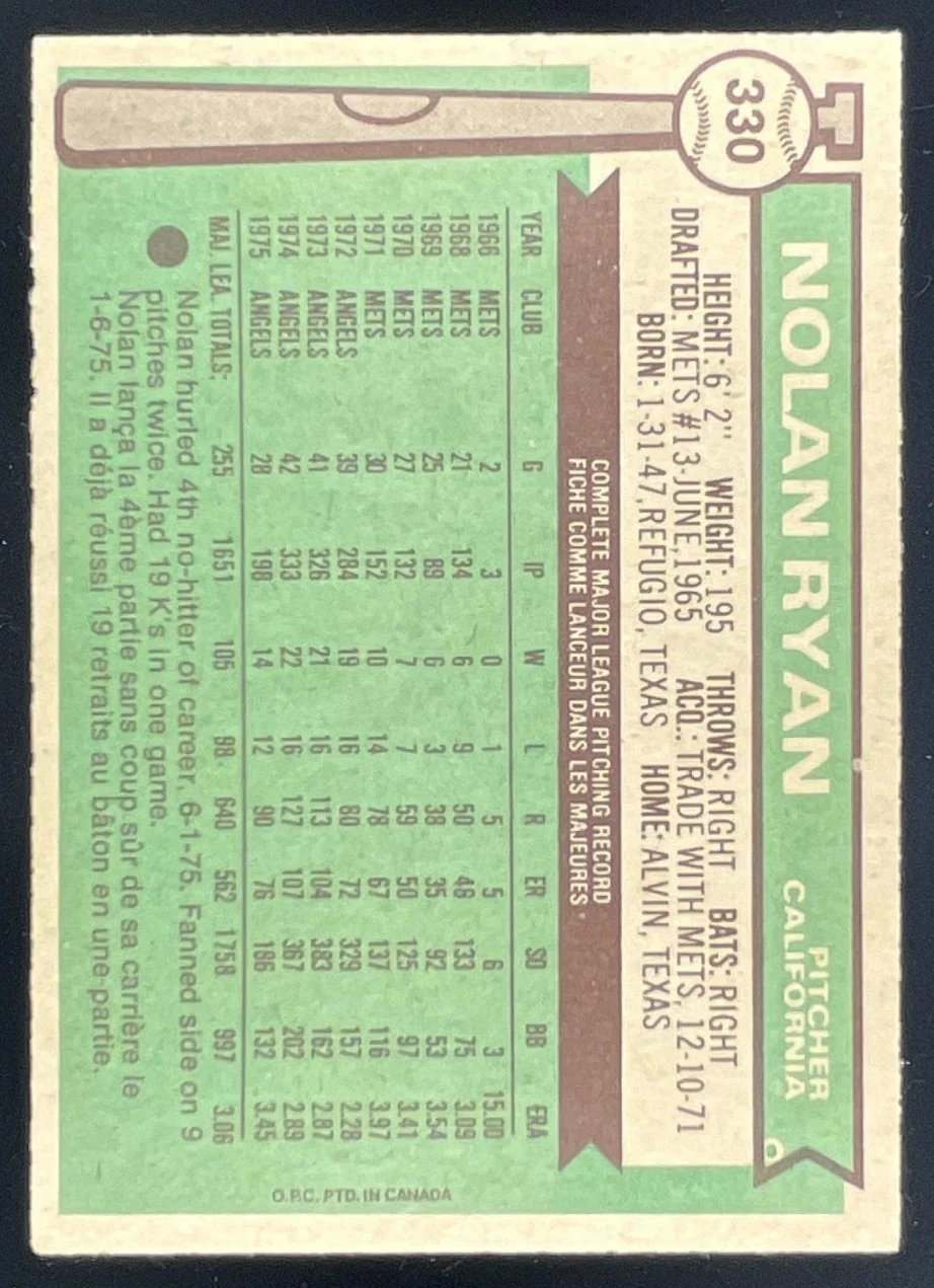 1976 Topps #330 Nolan Ryan - Image 2