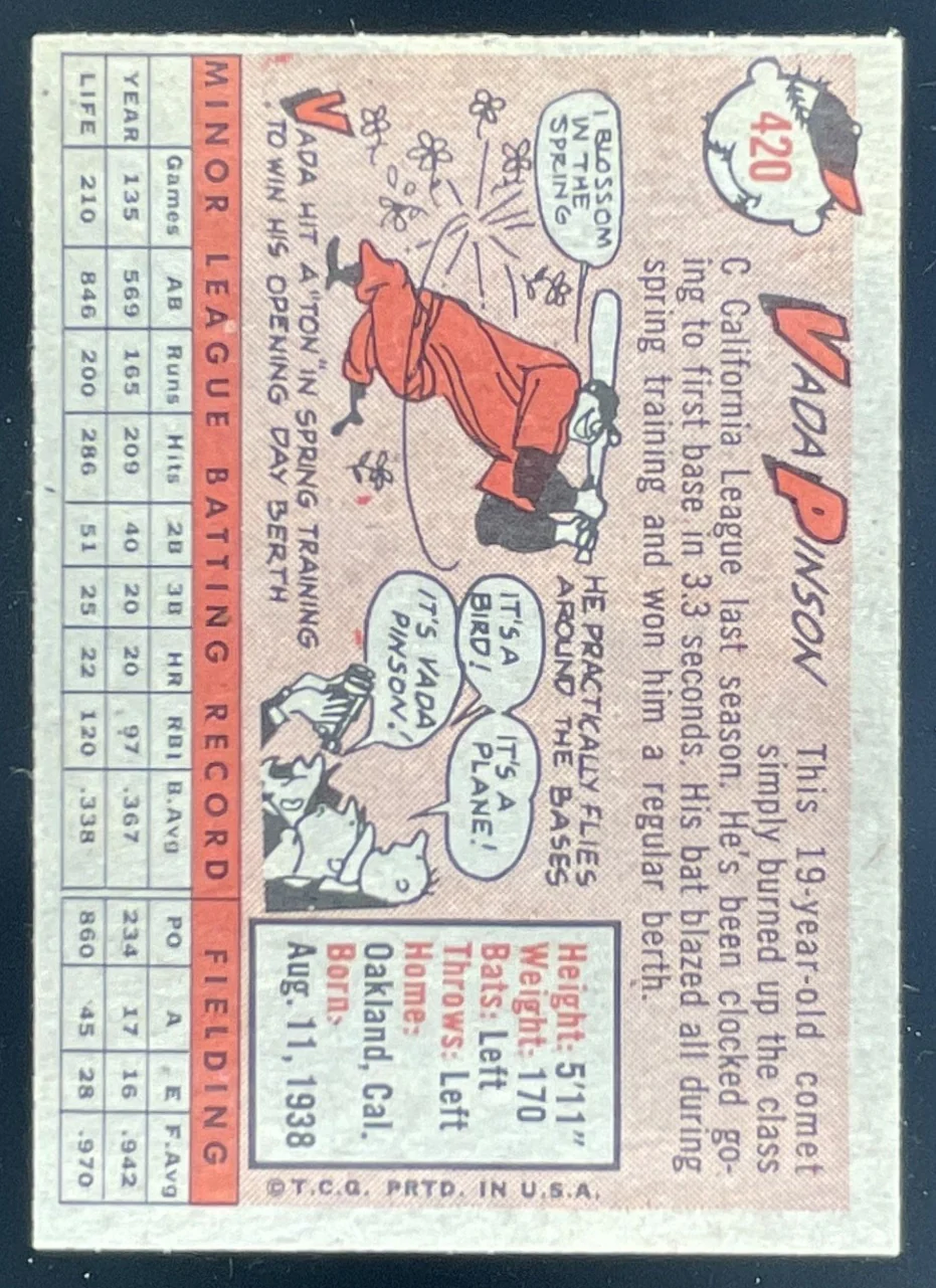 1958 Topps #420 Vada Pinson RC - Image 2
