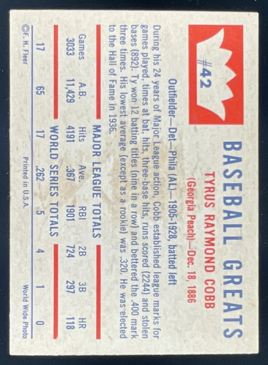 1960 Fleer Baseball Greats #42 Ty Cobb - Image 2