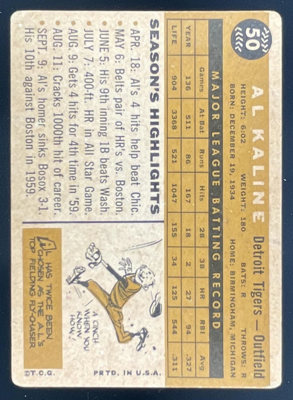1960 Topps #50 Al Kaline - Image 2