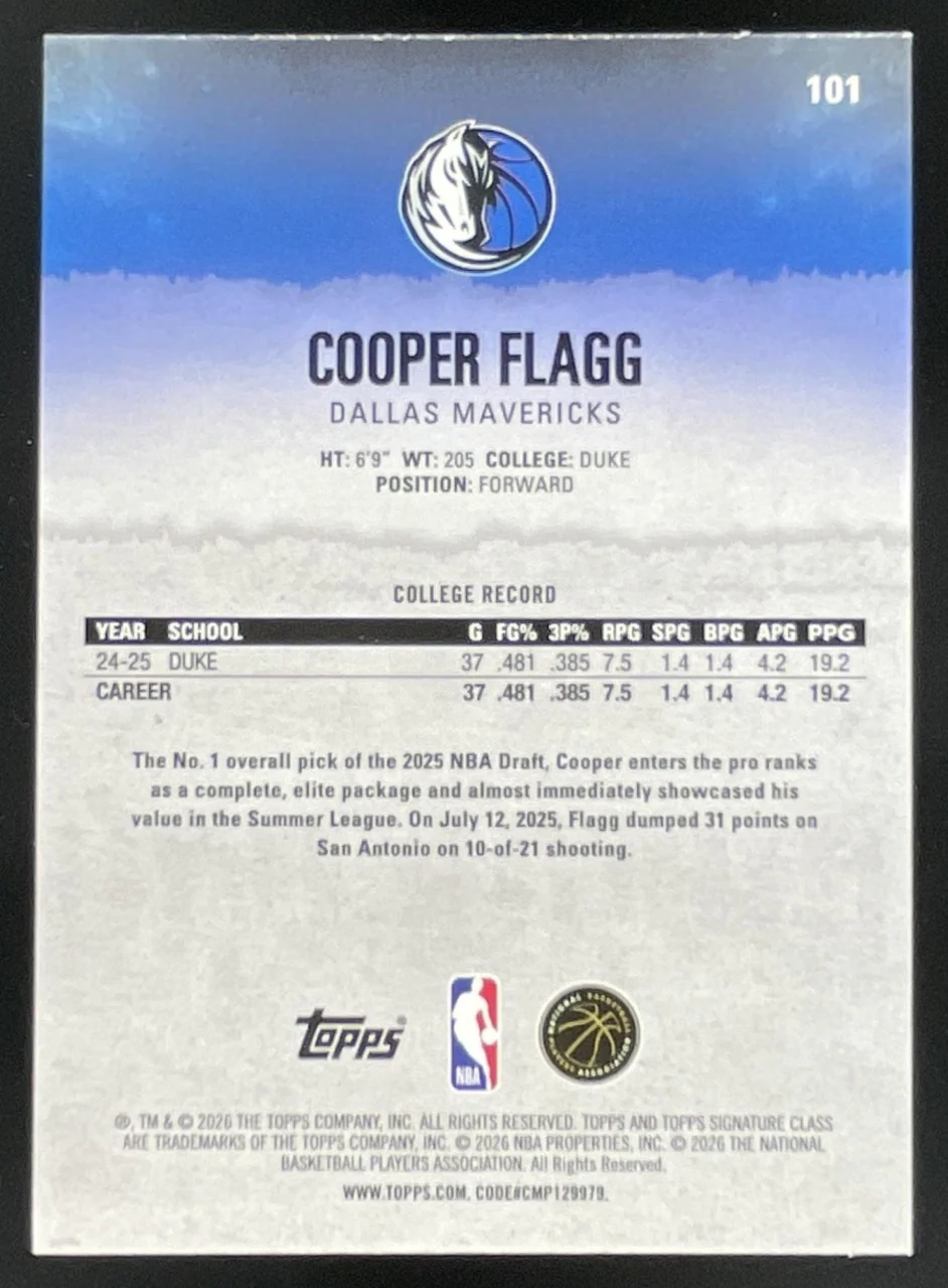 2025-26 Topps Signature Class Rookie Class #101 Cooper Flagg RC - Image 2