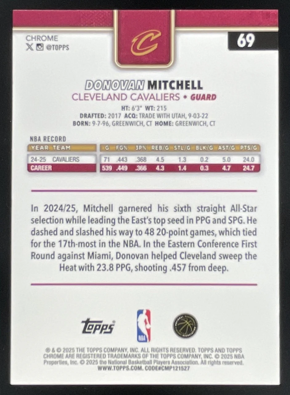 2025-26 Topps Chrome Purple Basketball Refractor #69 Donovan Mitchell /75 - Image 2