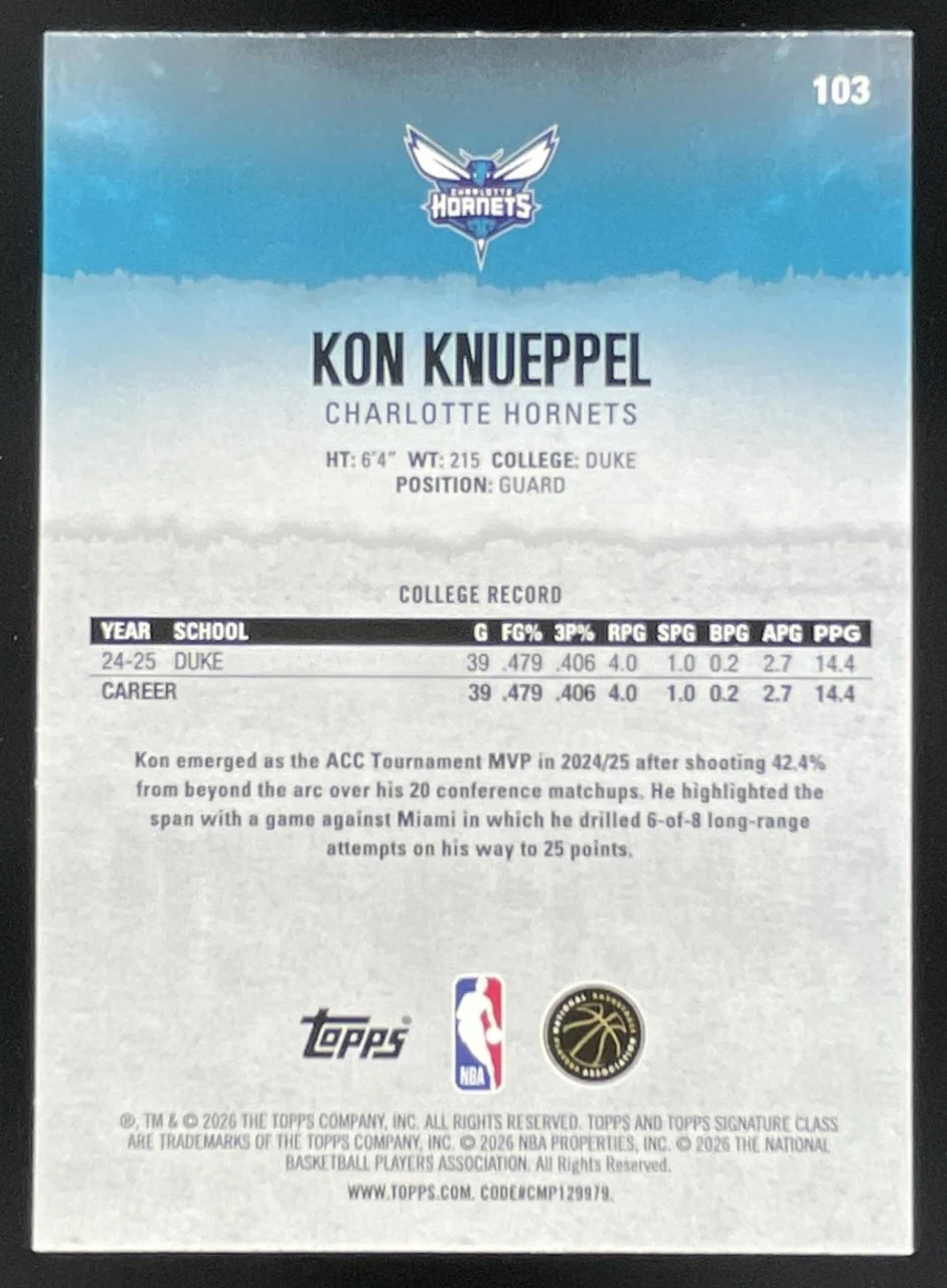 2025-26 Topps Signature Class Rookie Class Yellow Foil #103 Kon Knueppel RC /399 - Image 2
