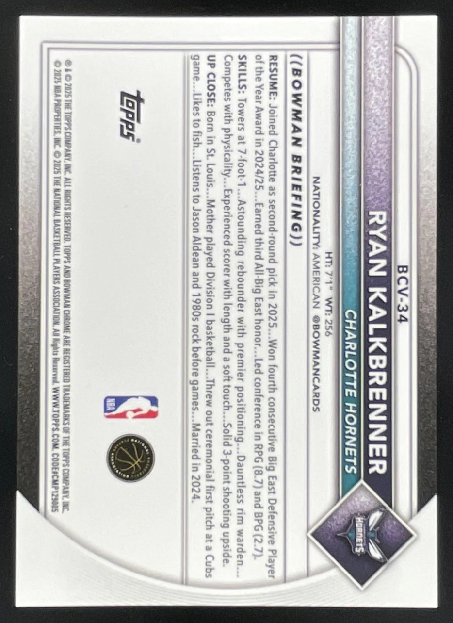 2025-26 Bowman Chrome Gold Refractor #BCV-34 Ryan Kalkbrenner RC /50 - Image 2