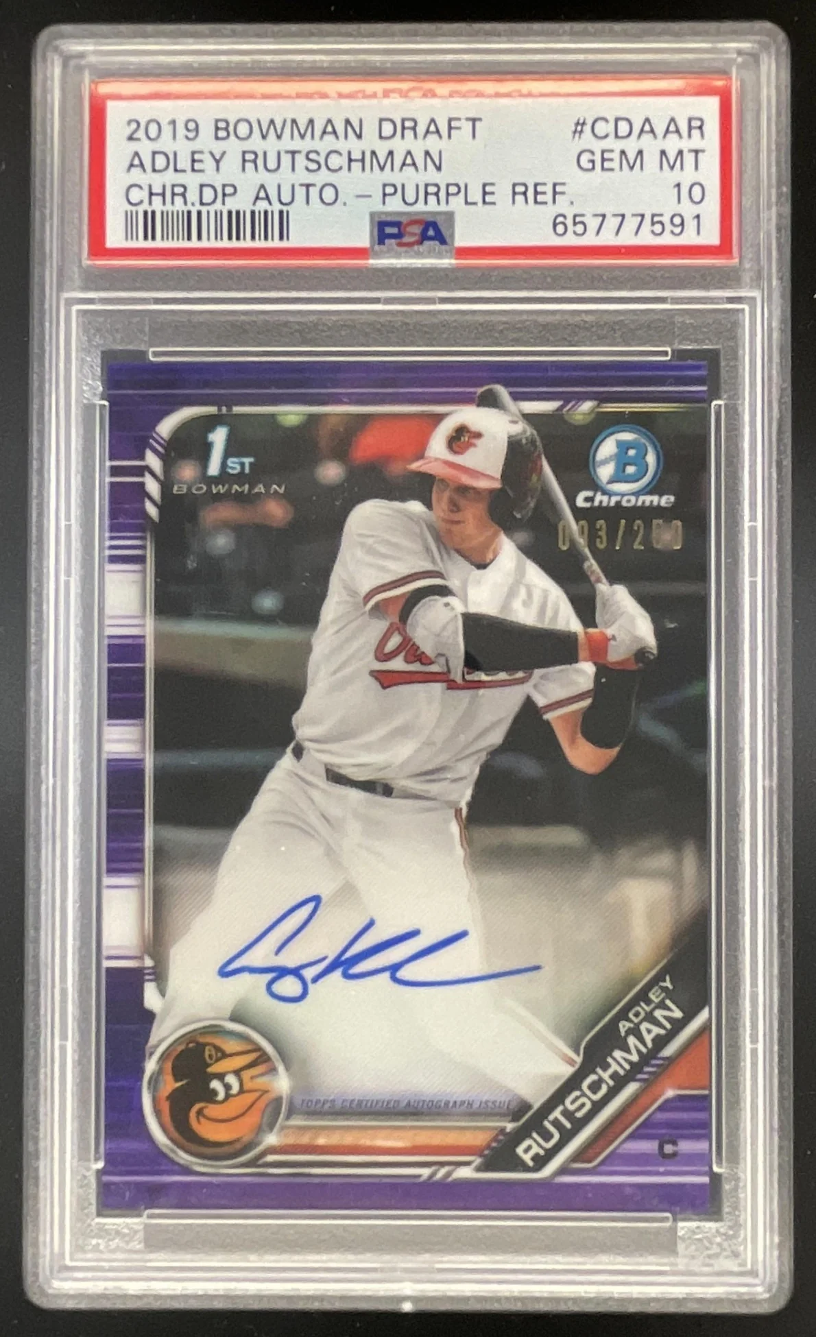 2019 Bowman Draft Chrome Pick Purple #CDA-AR Adley Rutschman RC Auto /250 PSA 10