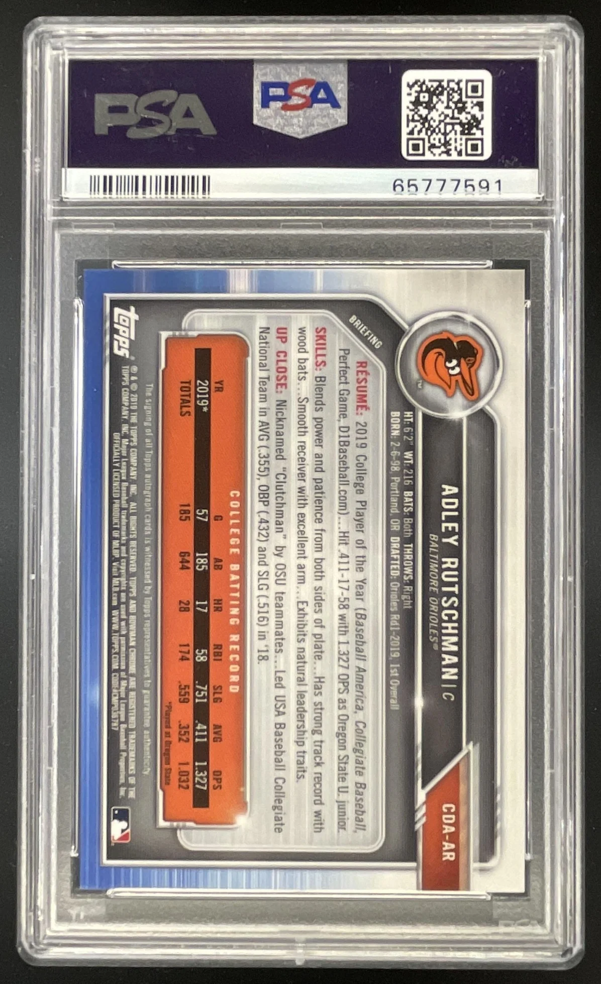 2019 Bowman Draft Chrome Pick Purple #CDA-AR Adley Rutschman RC Auto /250 PSA 10 - Image 2