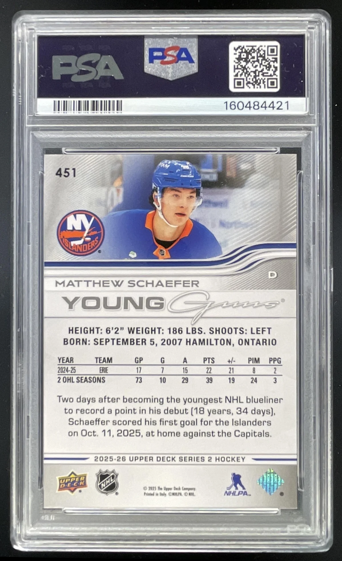 2025-26 Upper Deck Series 2 Young Guns #451 Matthew Schaefer RC PSA 10 - Image 2