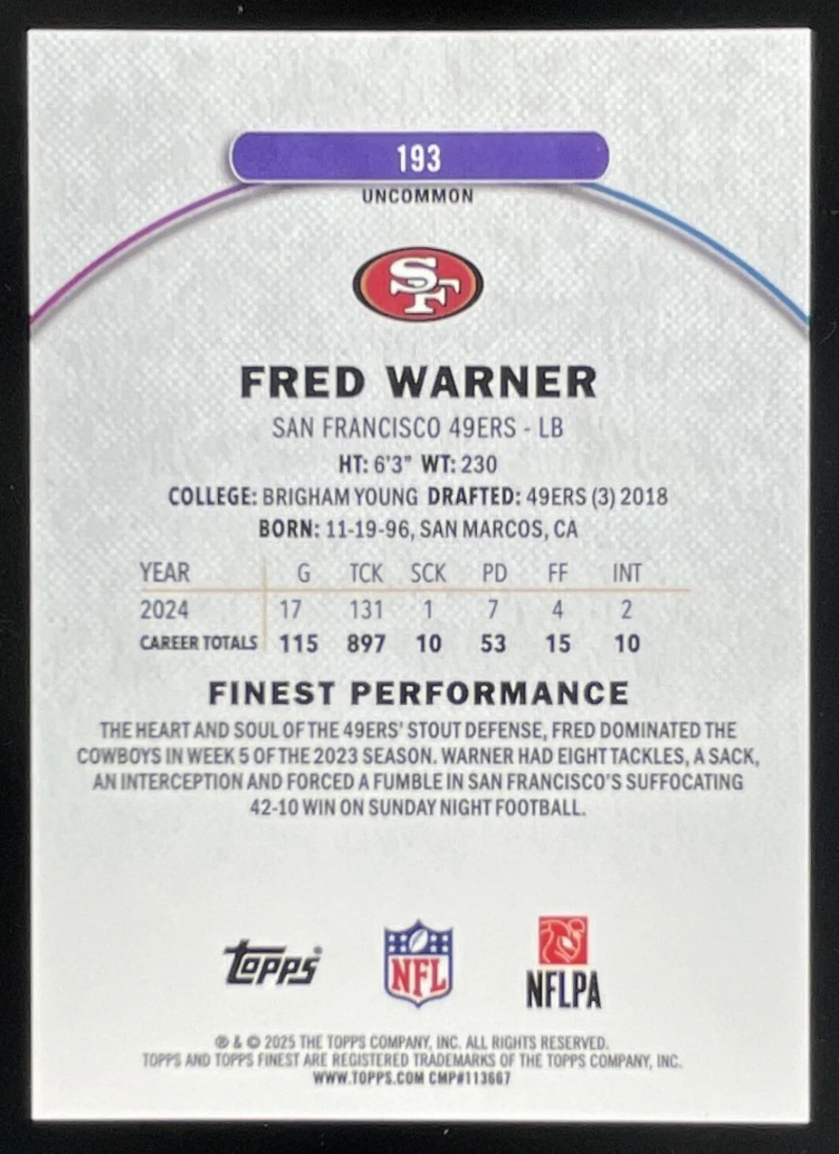 2025 Topps Finest Uncommon Black Refractor #193 Fred Warner /15 - Image 2