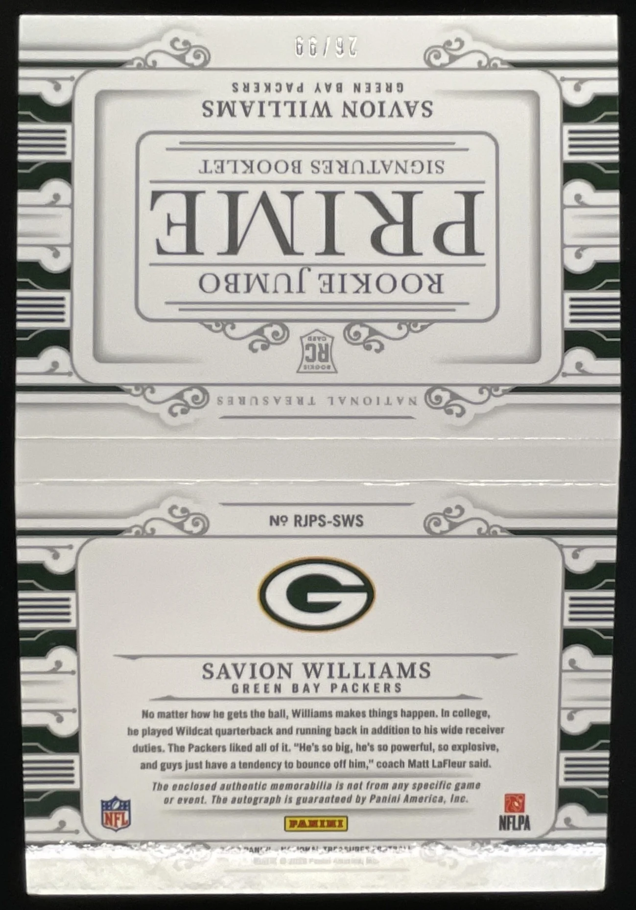 2025 National Treasures Jumbo Prime Booklet Savion Williams RC Auto /99 - Image 2