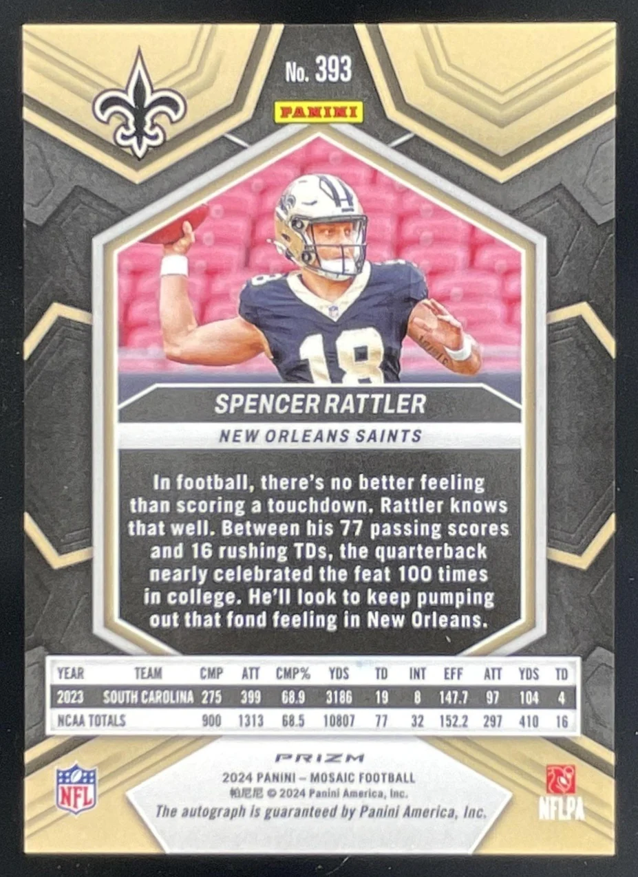 2024 Mosaic Rookie No Huddle Blue Prizm #393 Spencer Rattler RC Auto - Image 2