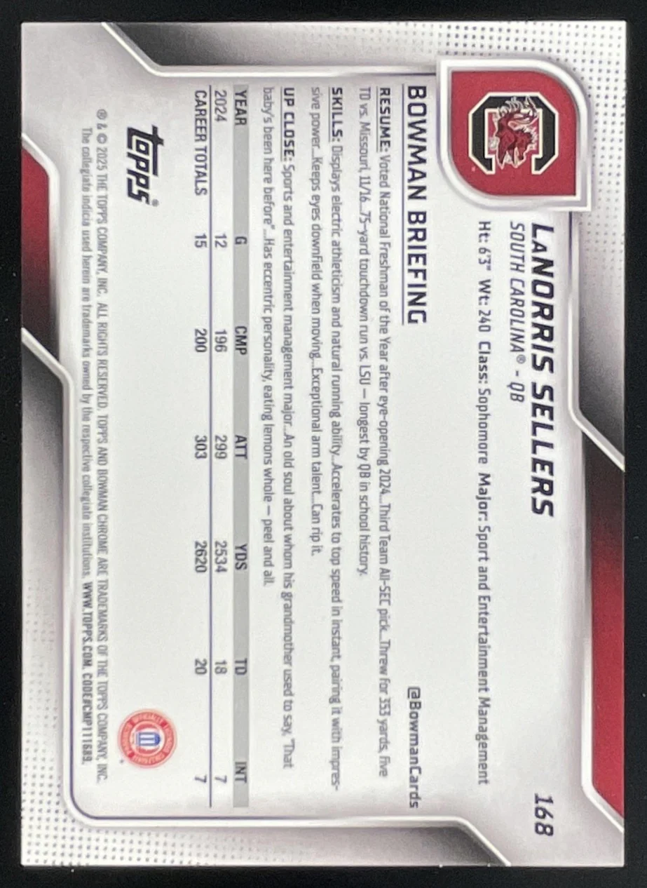 2025 Bowman Chrome University Blue Mini-Diamond #168 LaNorris Sellers RC /150 - Image 2