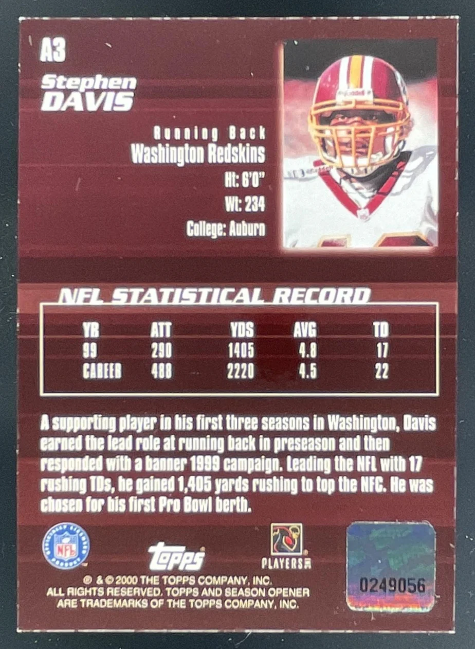 2000 Topps Season Opener Autographs #A3 Stephen Davis Auto - Image 2