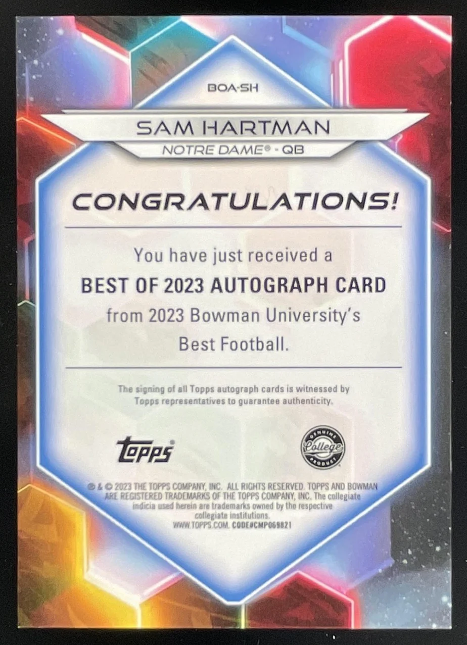 2023 Bowman University Best of 2023 Gold Geometric #BOA-SH Sam Hartman Auto /50 - Image 2