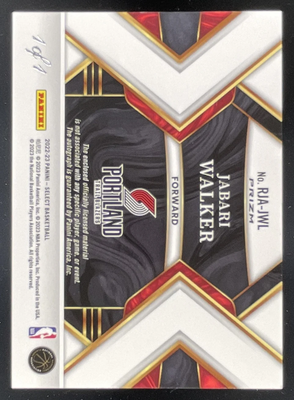 2022-23 Select Rookie Jersey Black #RJA-JWL Jabari Walker RC Auto 1/1 - Image 2