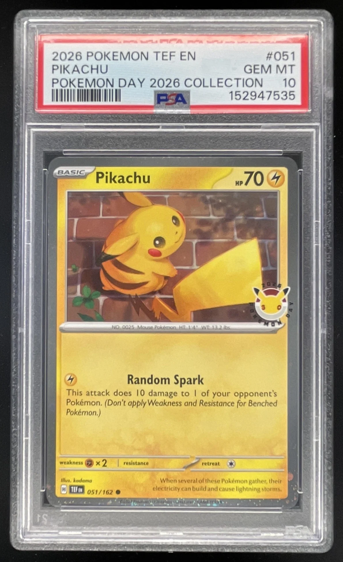 2026 Pokemon TEF EN Pokemon Day Collection #051/162 Pikachu PSA 10