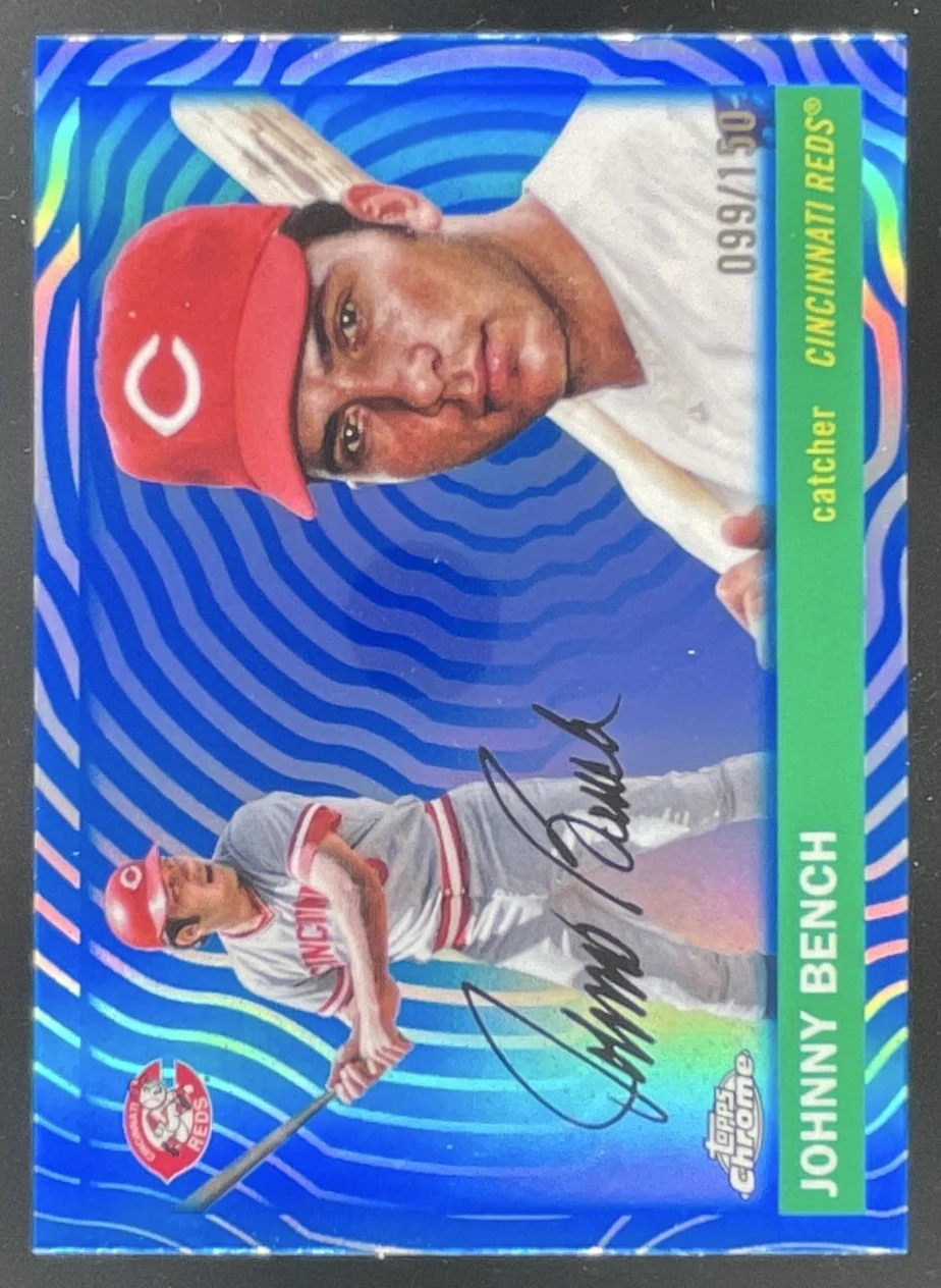 2025 Topps Chrome Platinum Anniversary Blue Vibrations #454 Johnny Bench /150