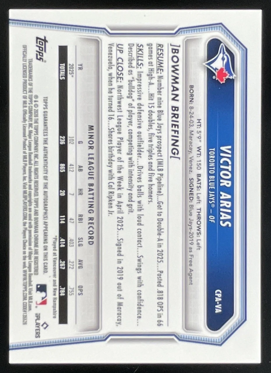 2026 Bowman Chrome Autograph Speckle Refractor #CPA-VA Victor Arias RC Auto /299 - Image 2