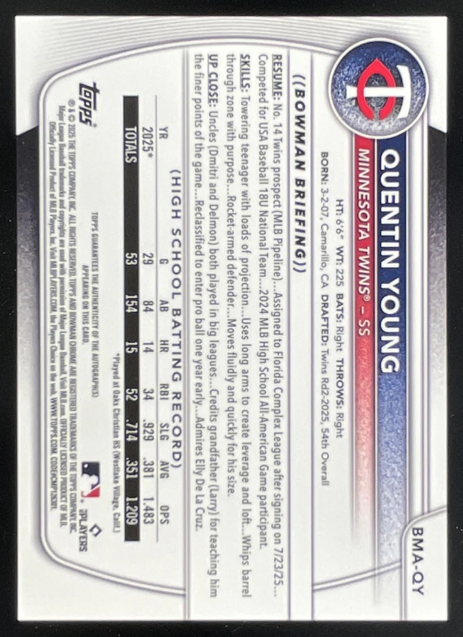 2025 Bowman Draft Chrome Mojo #BMA-QY Quentin Young RC Auto - Image 2