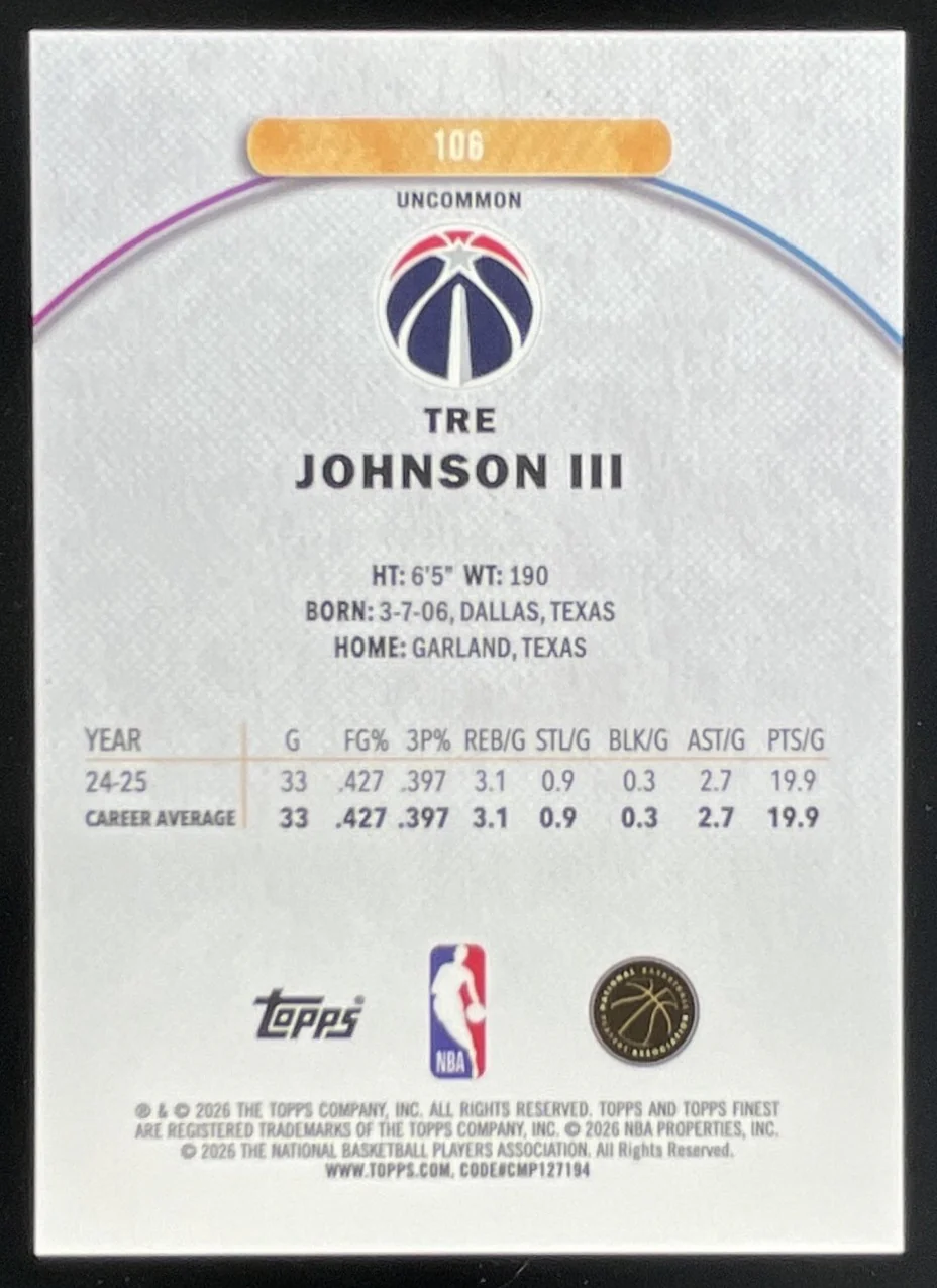 2025-26 Topps Finest Uncommon Purple X-Fractor #106 Tre Johnson III RC /99 - Image 2