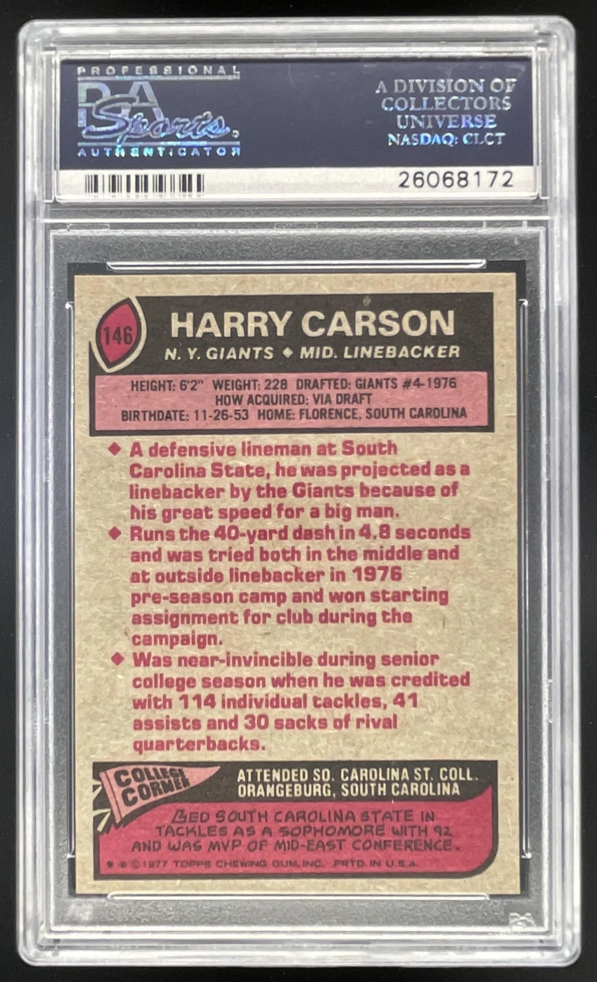 1977 Topps #146 Harry Carson RC PSA 8 - Image 2