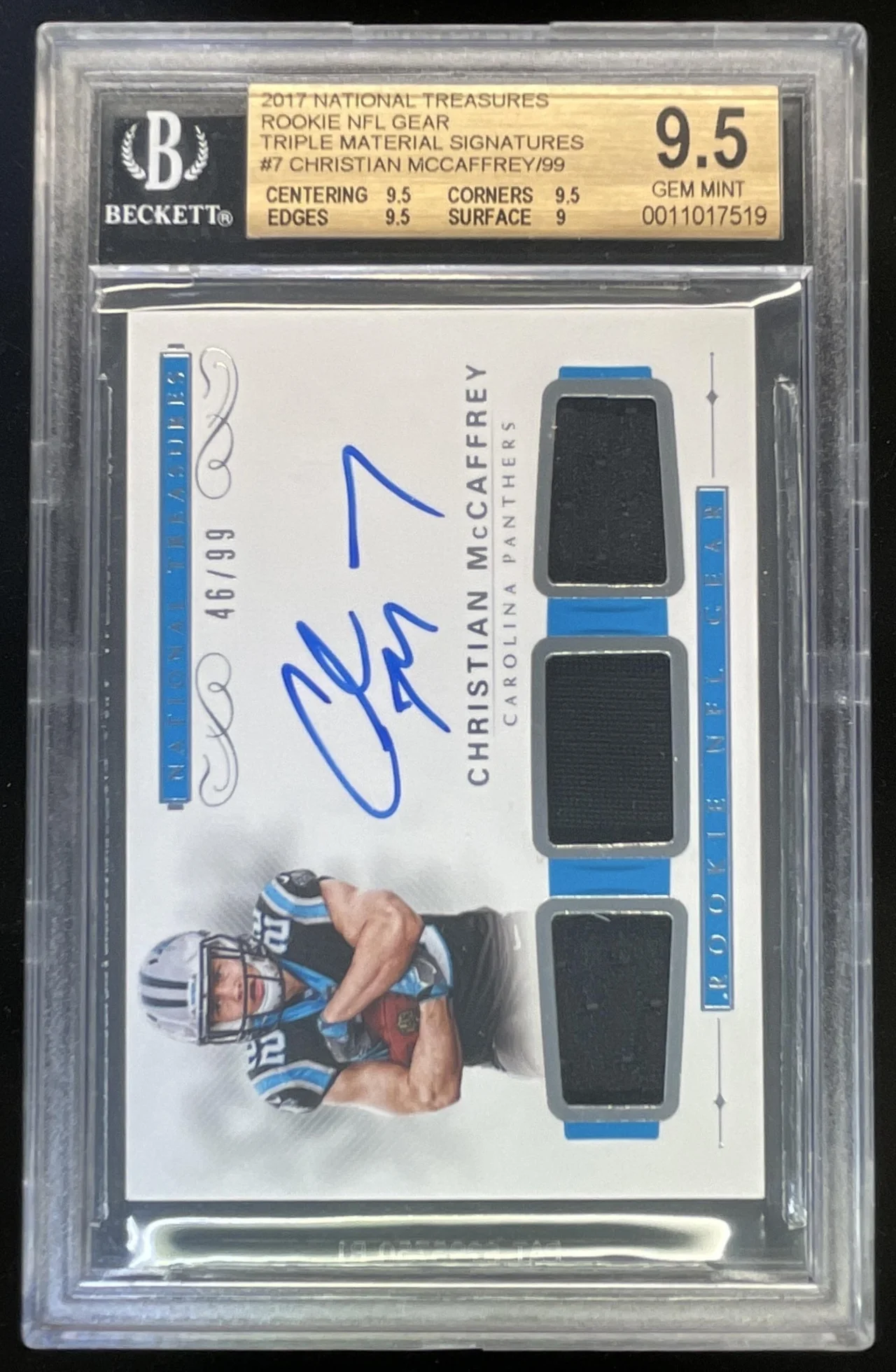 2017 National Treasures NFL Gear Trios Christian McCaffrey RC Auto /99 BGS 9.5