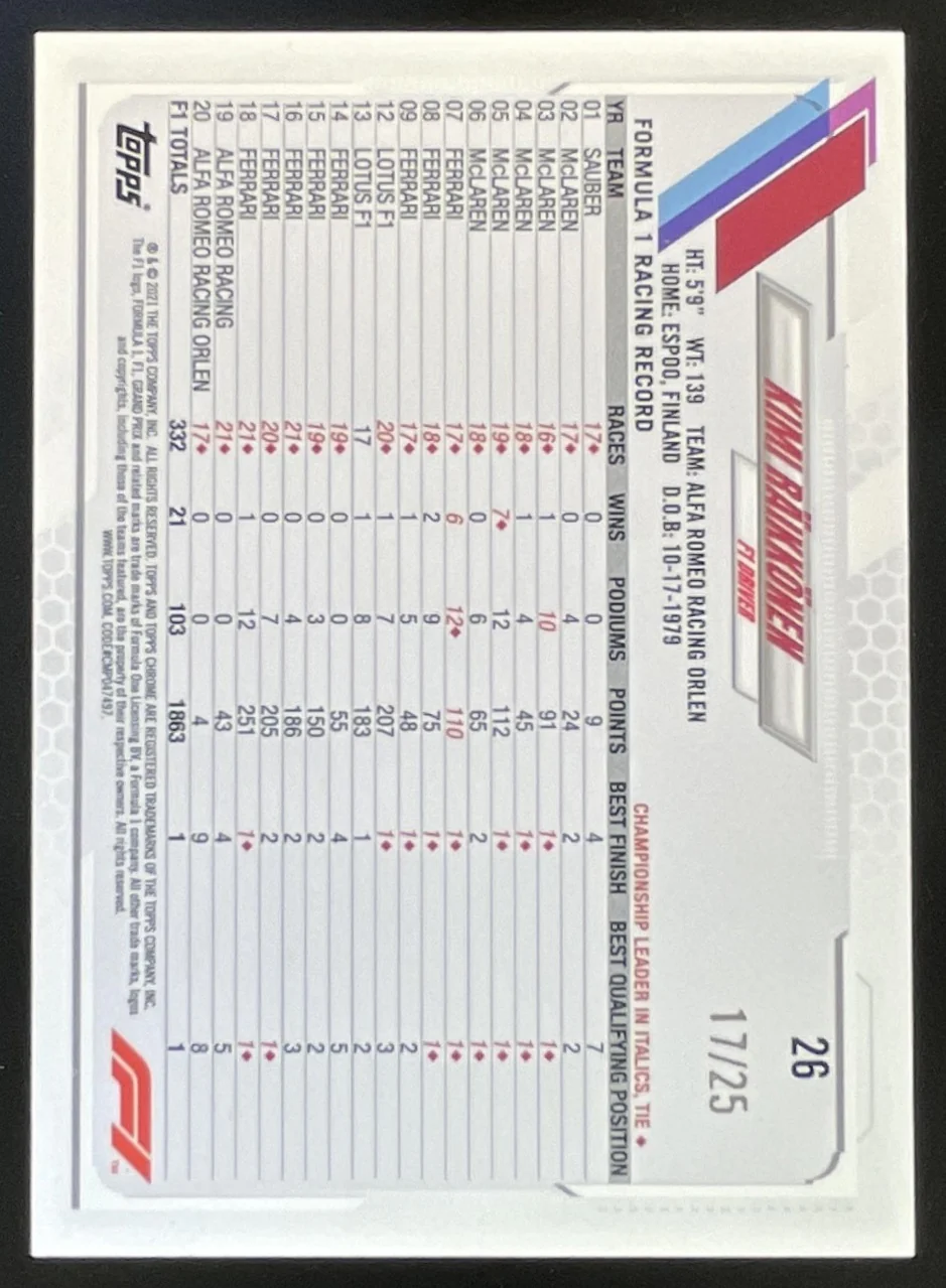 2021 Topps Chrome Formula 1 Orange Refractor #26 Kimi Raikkonen /25 - Image 2