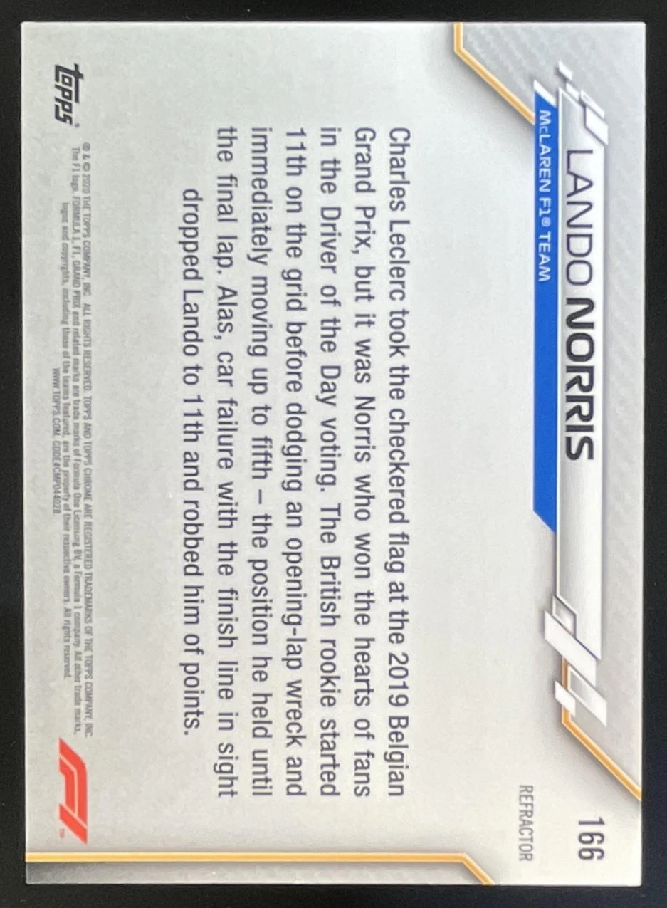 2020 Topps Chrome Formula 1 Refractor #166 Lando Norris RC - Image 2