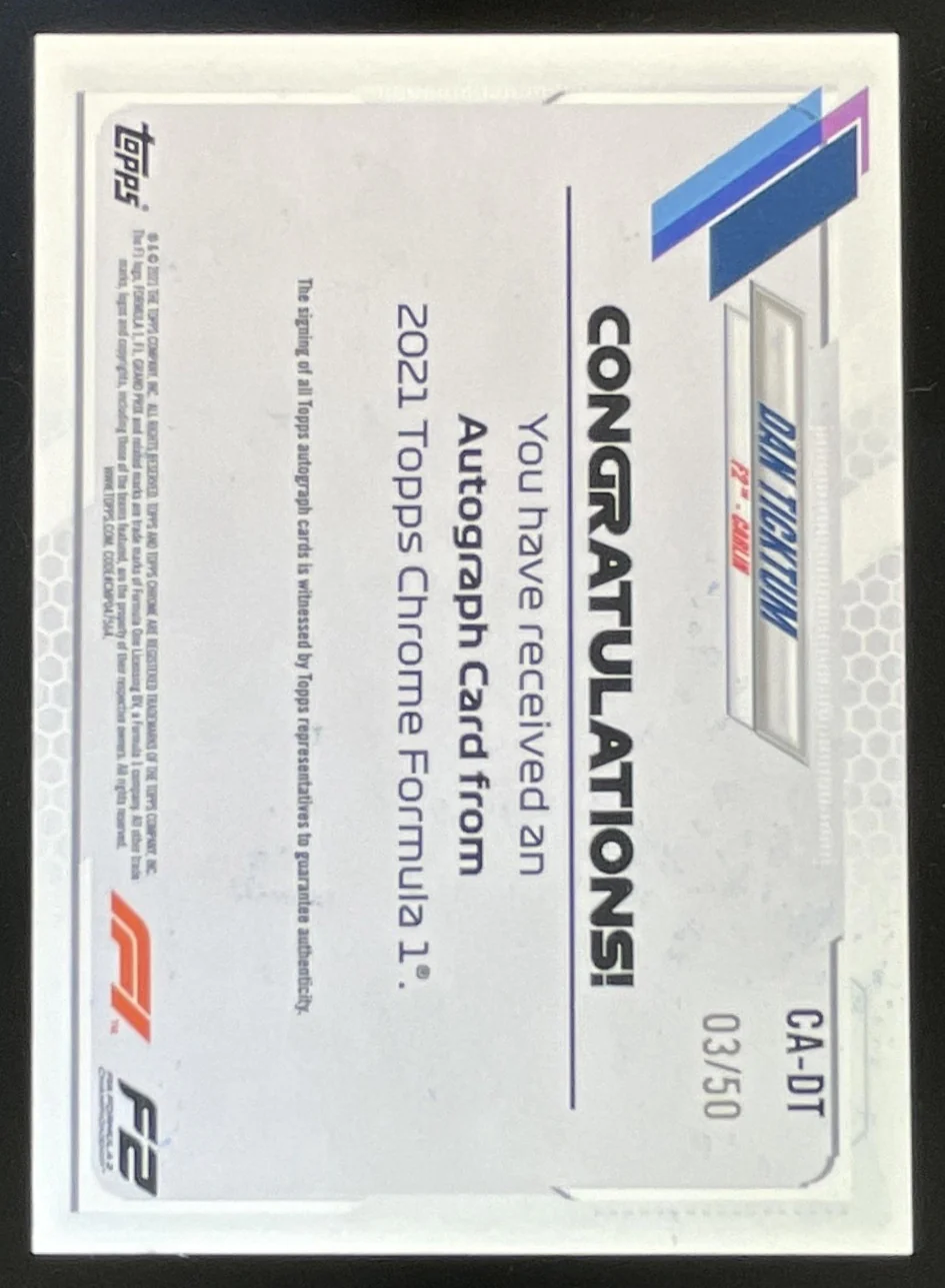 2021 Topps Chrome Formula 1 Chrome F1 Gold Wave #CA-DT Dan Ticktum Auto /50 - Image 2