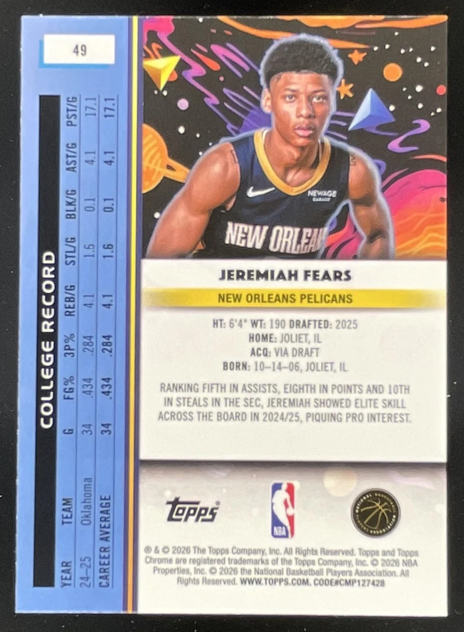2025-26 Topps Cosmic Chrome Nucleus Refractor #49 Jeremiah Fears RC - Image 2