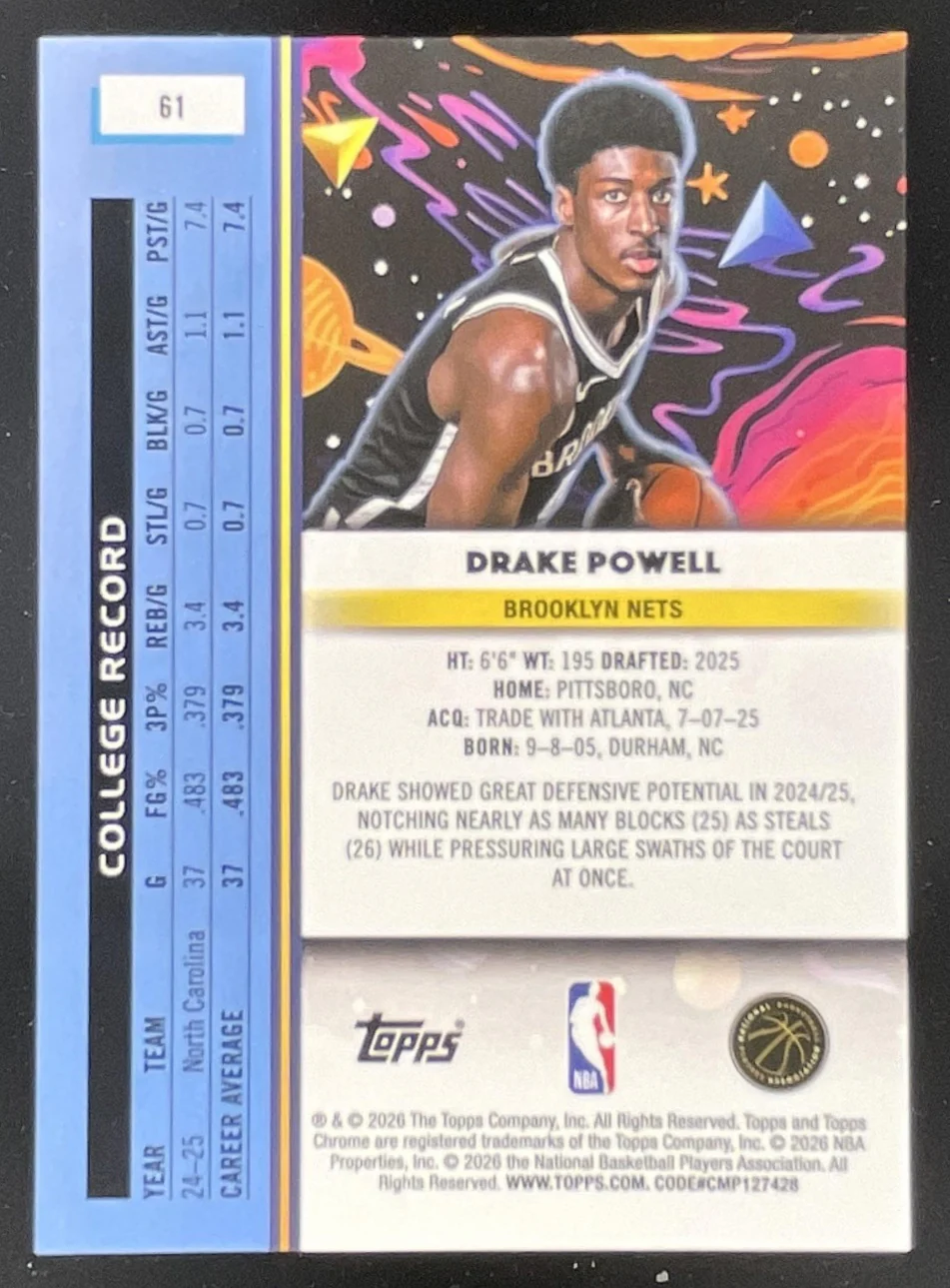 2025-26 Topps Cosmic Chrome Orange Galactic Refractor #61 Drake Powell RC /25 - Image 2