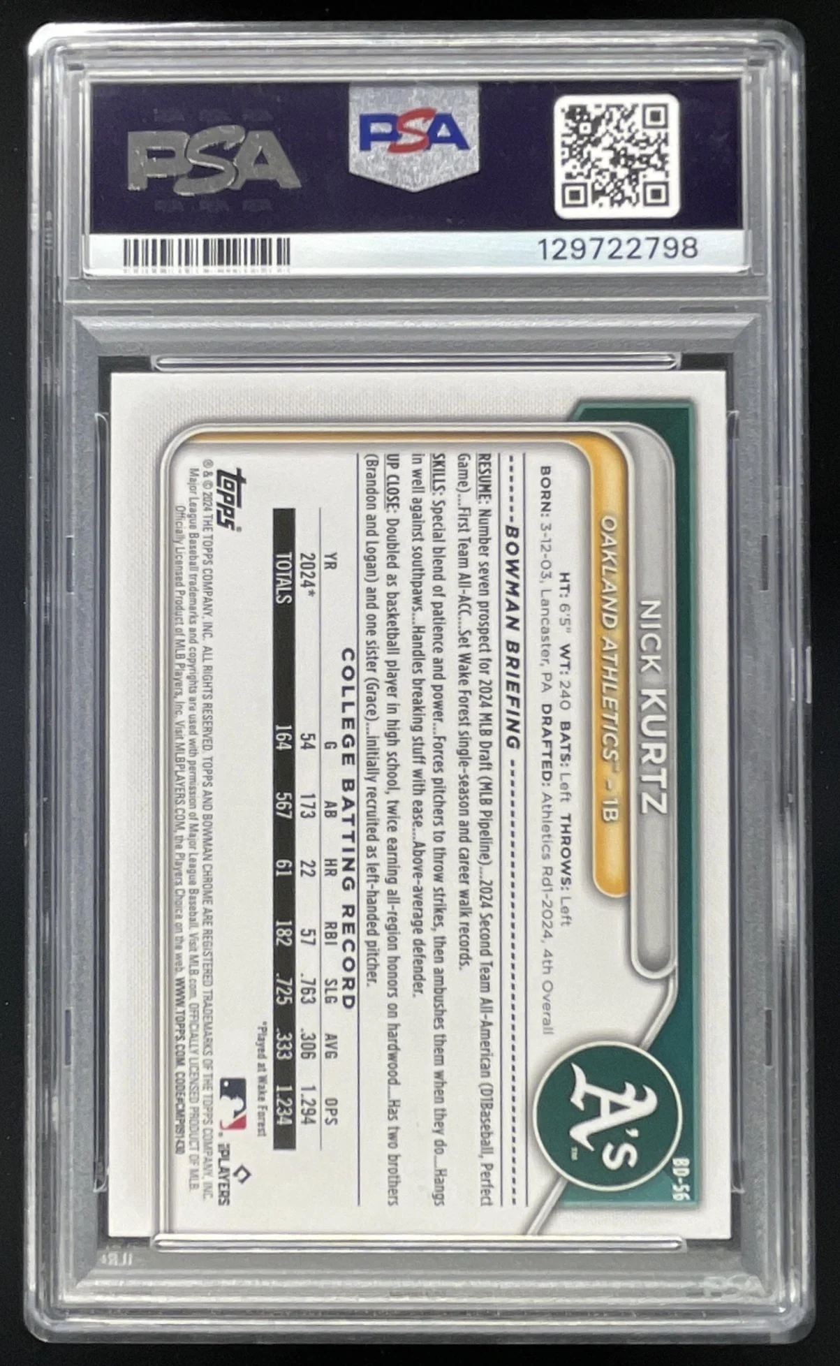2024 Bowman Draft #BD-56 Nick Kurtz RC PSA 10 - Image 2