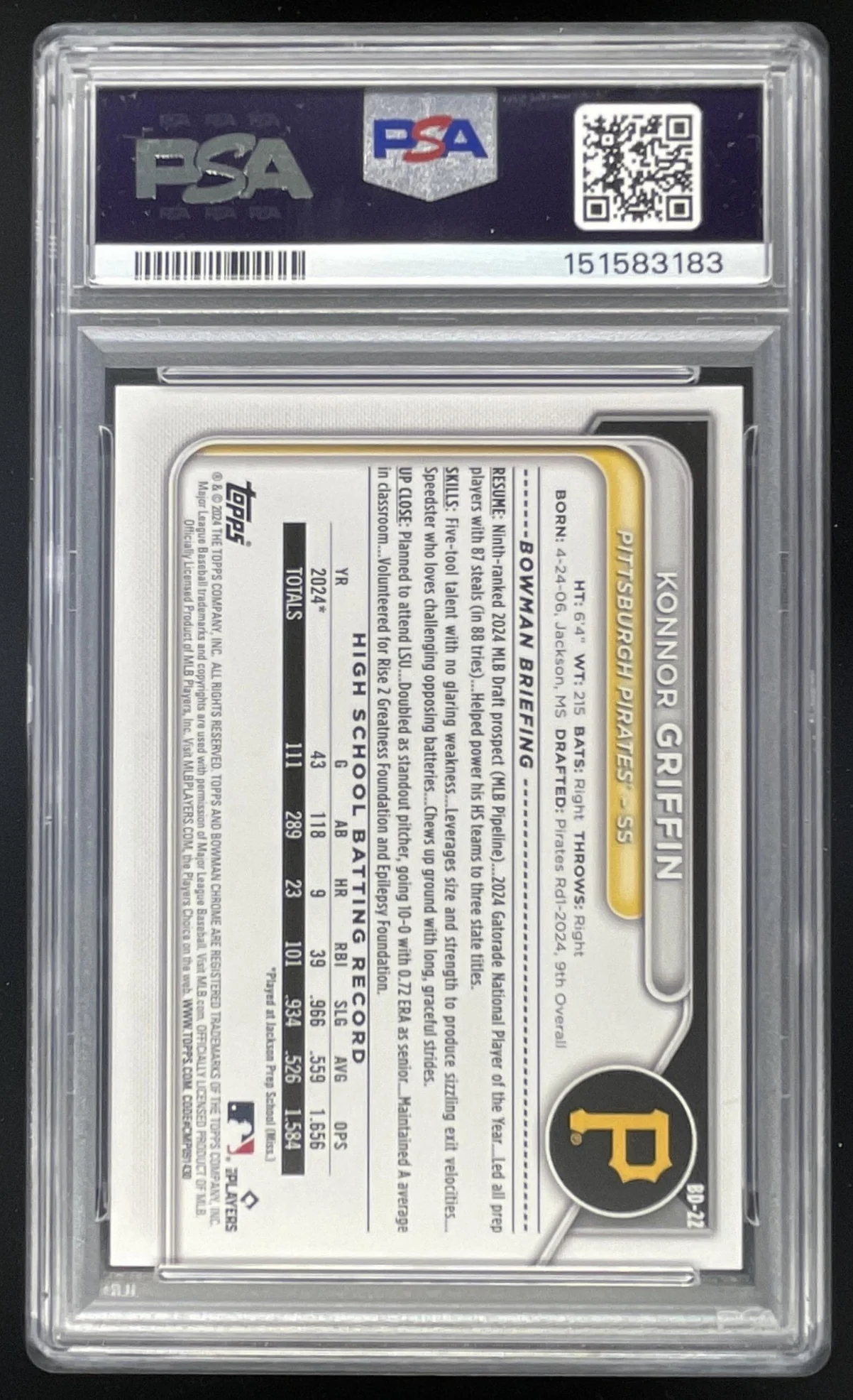 2024 Bowman Draft #BD-22 Konnor Griffin RC PSA 10 - Image 2