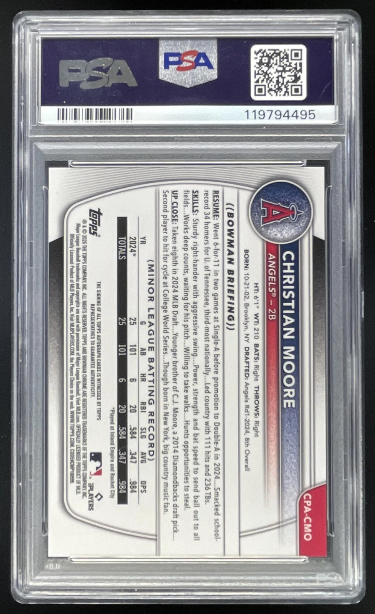 2025 Bowman Chrome Prospect Speckle #CPA-CMO Christian Moore Auto /299 PSA 9 - Image 2