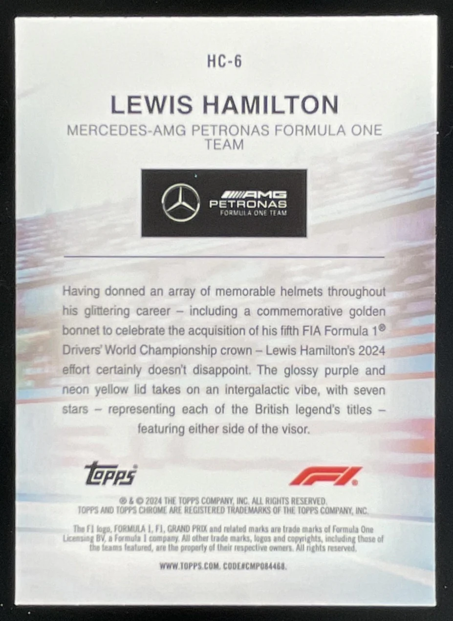 2024 Topps Chrome Sapphire Formula 1 Helmet Collection #HC-6 Lewis Hamilton - Image 2