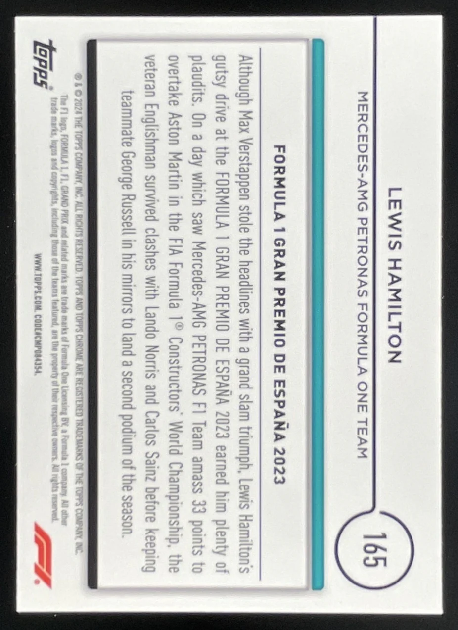 2024 Topps Chrome Formula 1 Gold #165 Lewis Hamilton Driver of the Day /50 - Image 2