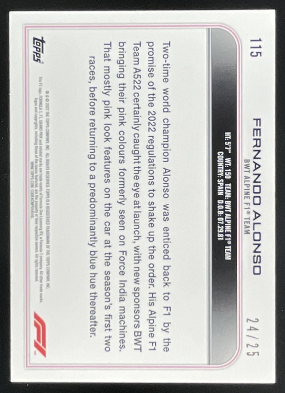 2022 Topps Formula 1 Orange #115 Fernando Alonso /25 - Image 2
