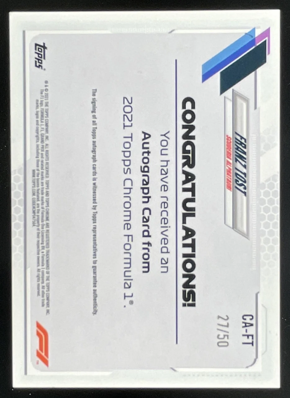 2021 Topps Chrome Formula 1 Chrome F1 Gold Wave #CA-FT Franz Tost Auto /50 - Image 2