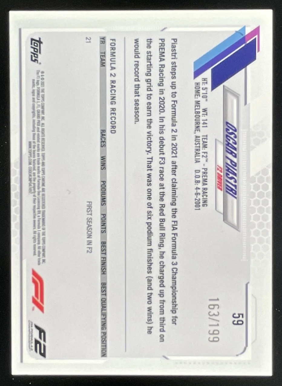 2021 Topps Chrome Formula 1 Purple Checker Flag #59 Oscar Piastri RC /199 - Image 2