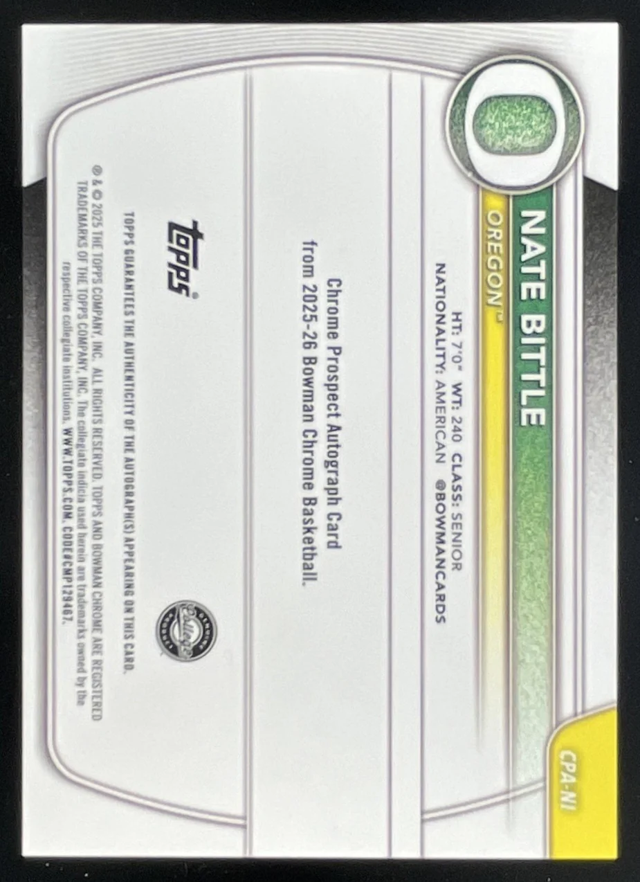 2025-26 Bowman Chrome Prospect Gold Shimmer #CPA-NI Nate Bittle RC Auto /50 - Image 2