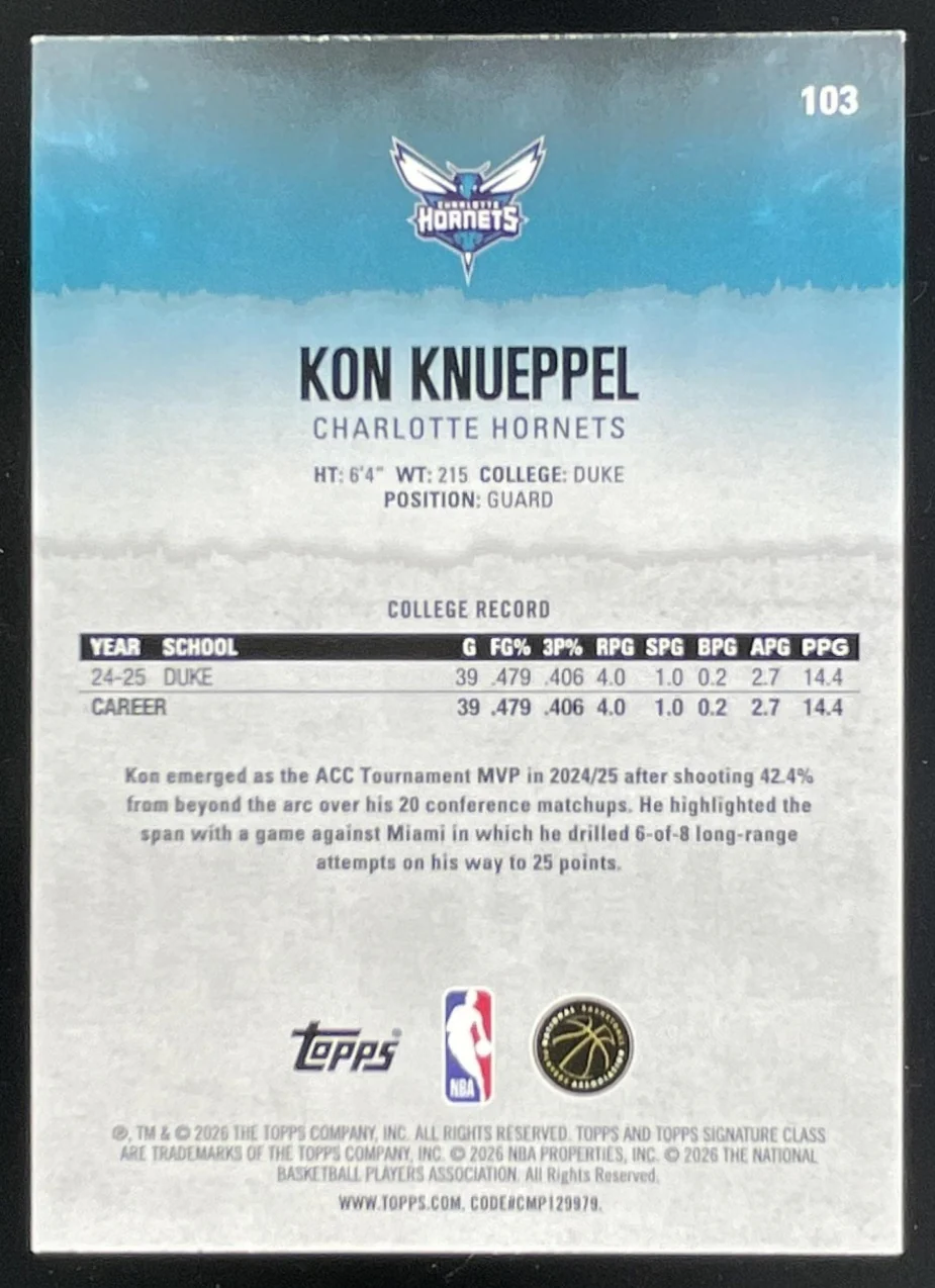 2025-26 Topps Signature Class Rookie Class Coral Foil #103 Kon Knueppel RC /299 - Image 2