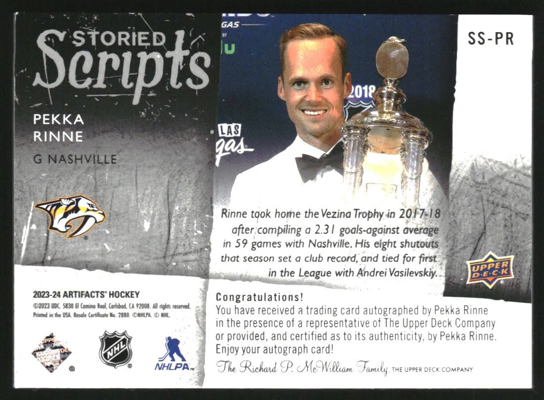 2023-24 Artifacts Storied Scripts #SSPR Pekka Rinne Autograph Auto /25 - Image 2