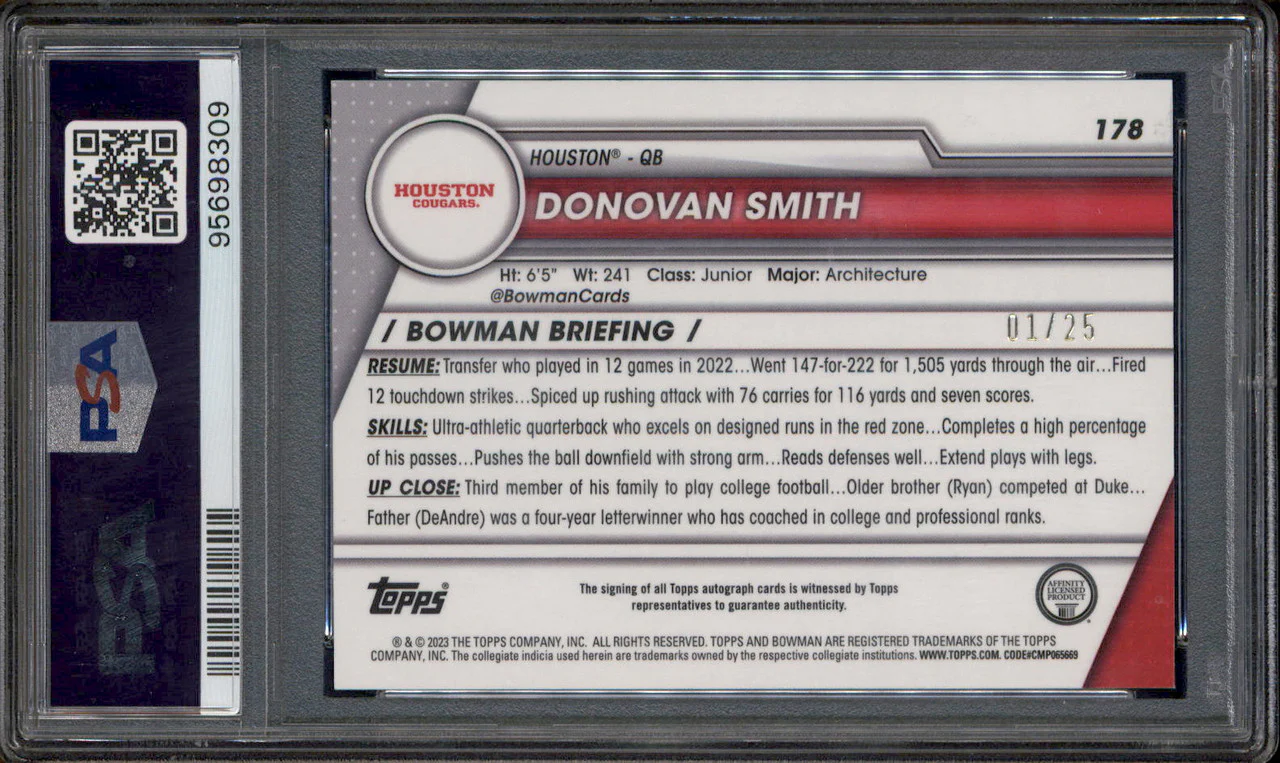 2023 Bowman University Chrome Auto Orange Refractor Donovan Smith RC /25 PSA 10 - Image 2