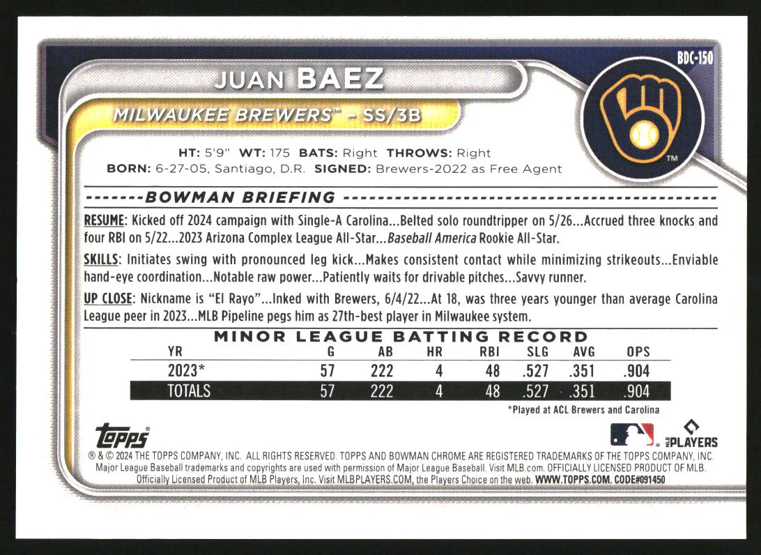 2024 Bowman Draft Sapphire Chrome Red Sapphire #BDC-150 Juan Baez /5 - Image 2