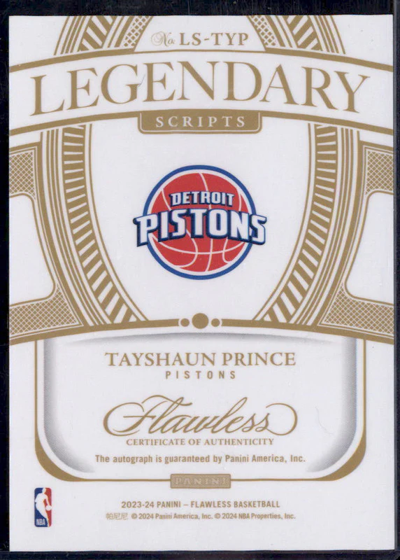2023-24 Panini Flawless Legendary Scripts Gold #LS-TYP Tayshaun Prince Auto /10 - Image 2