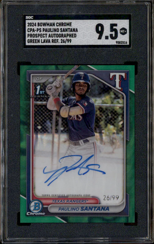 2024 Bowman Chrome Auto Green Lava Refractor Paulino Santana RC /99 SGC 9.5
