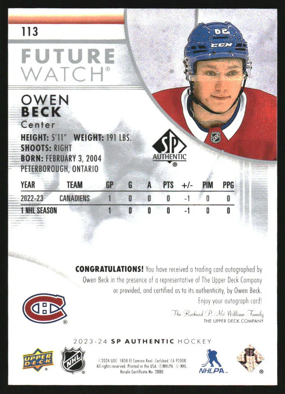 2023 SP Authentic #113 Owen Beck Autograph RC Future Watch Auto /999 - Image 2