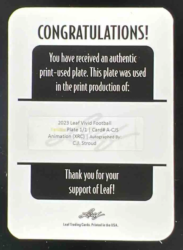 2023 Leaf Vivid Animation Printing Plate Yellow #A-CJS C.J. Stroud Auto 1/1 - Image 2