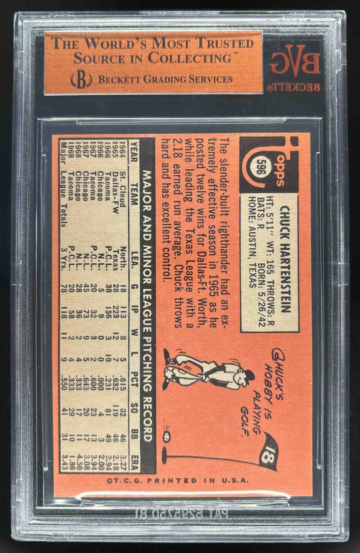 1969 Topps #596 Chuck Hartenstein BGS 8 - Image 2