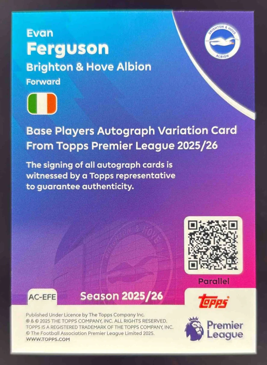 2025-26 Topps Premier League Black & White Rainbow Foil Evan Ferguson Auto /75 - Image 2