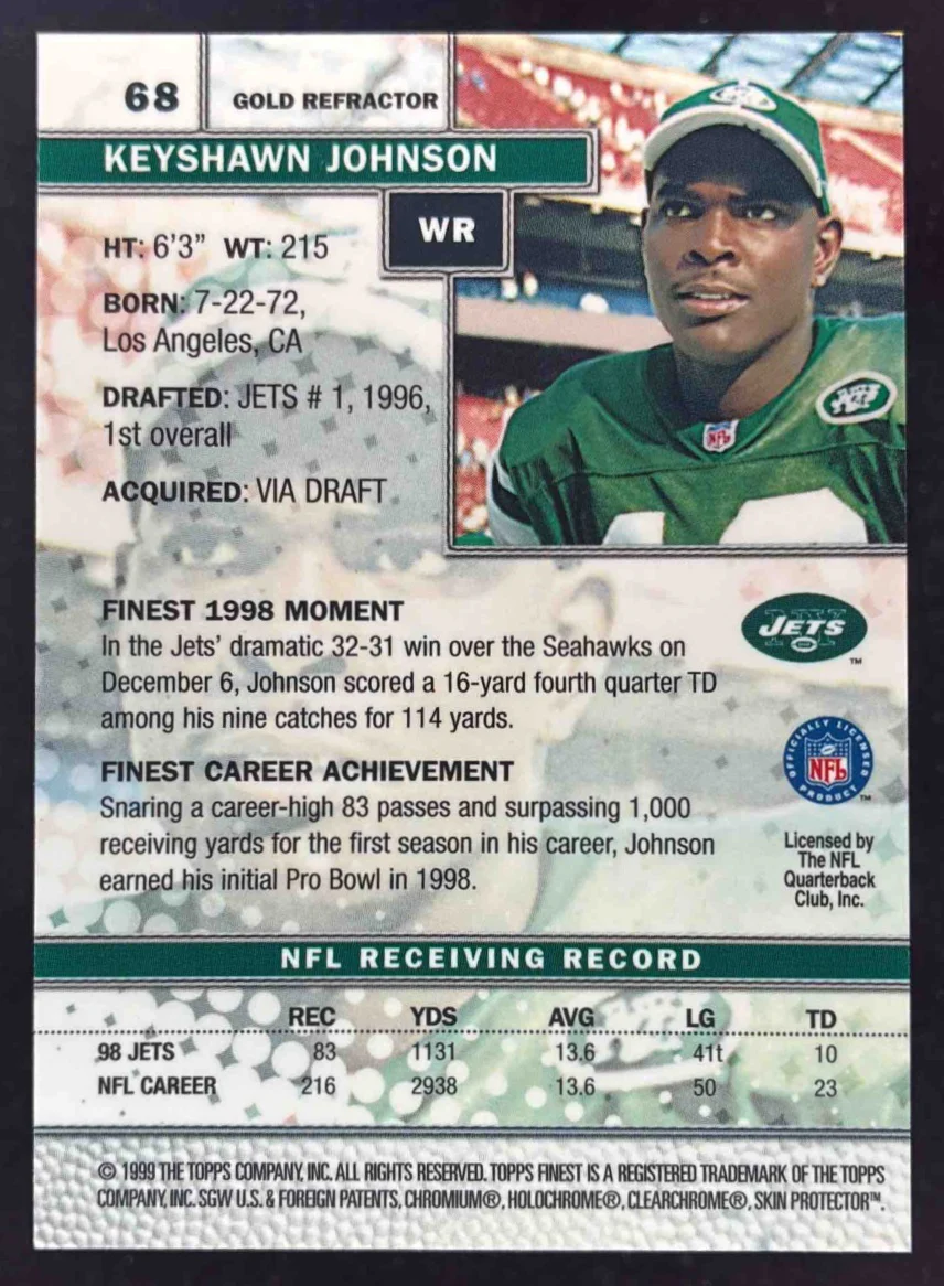 1999 Topps Finest Gold Refractors #68 Keyshawn Johnson - Image 2